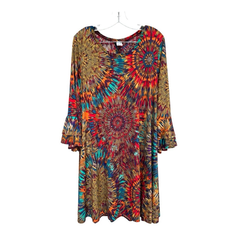 'Hayzel' Tie-Dye Swing Dress w/ Pockets Bell Sleeves Size 1X
